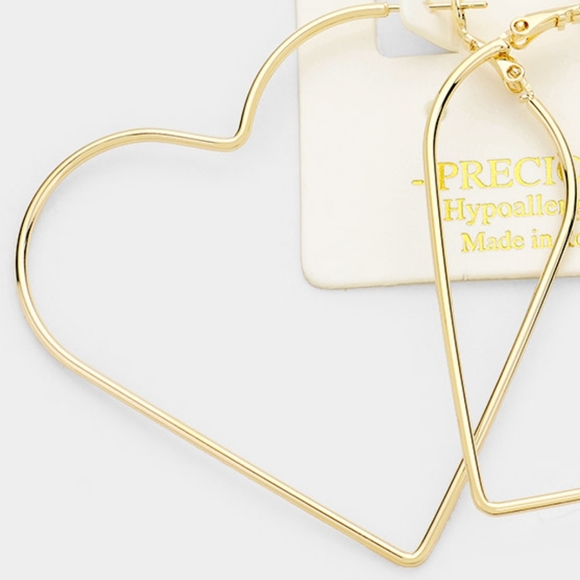 Gold Metal 14K Hollow Heart Hoop Earrings Open Fun Statement Jewelry - Picture 2 of 2